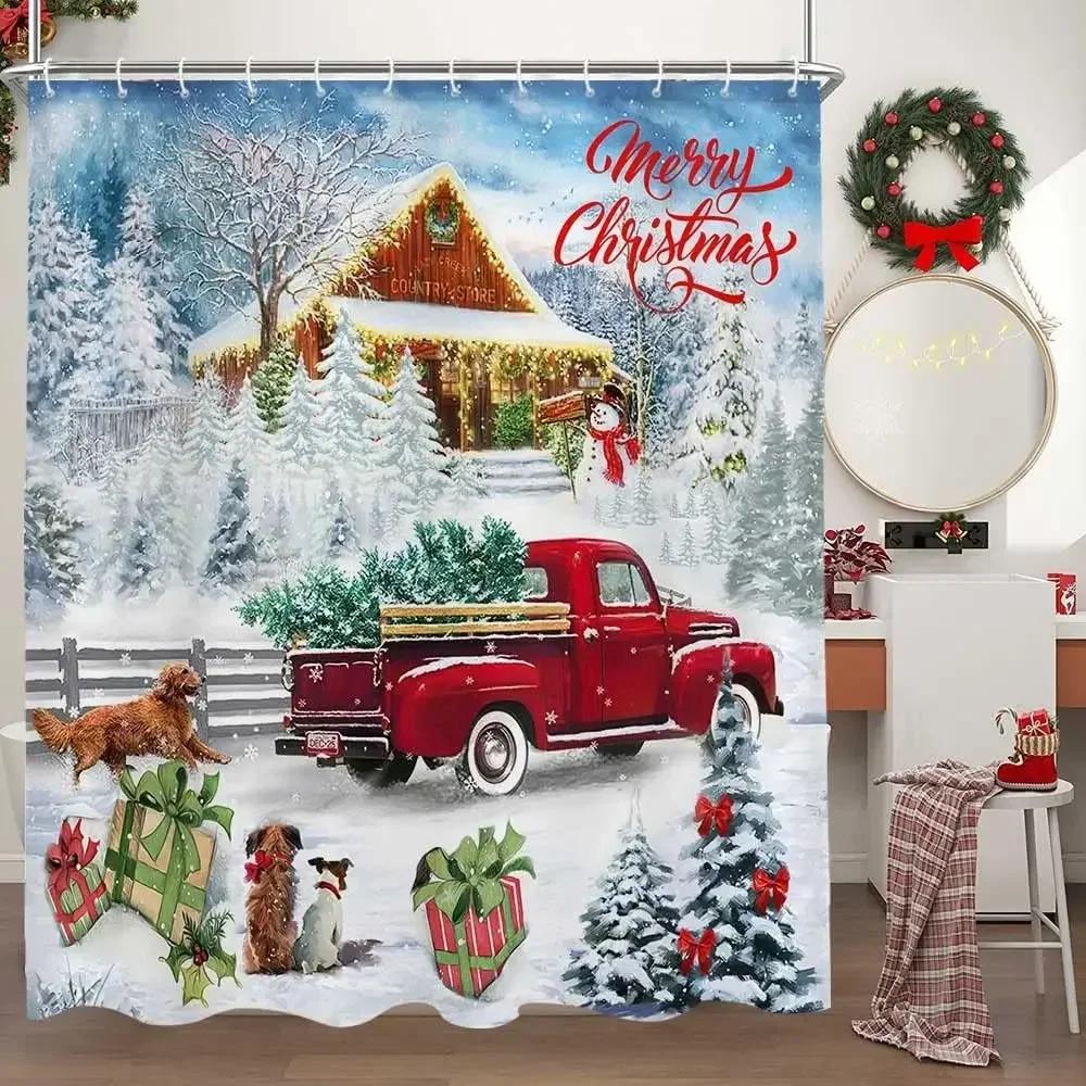 Theme Shower Truck Christmas Tree Gift Deer Red Bird Pinecone Snow Scene Baths Curtain Bathroom DecorXT6