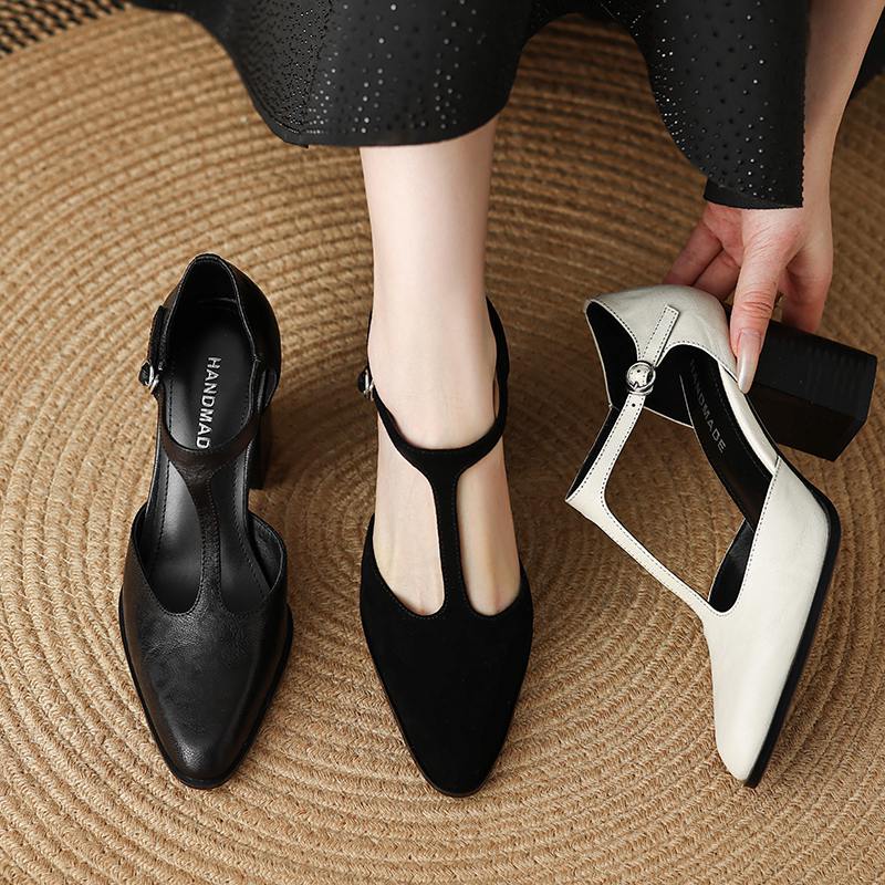 Krazing Pot Sheepskin Suede Round Toe Size 41 Thick High Heels Buckle Office Lady Gladiator Autumn Pumps