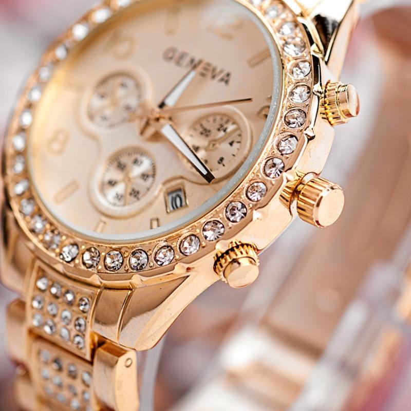 GENÈVE Genève Montre Diamant Trois Yeux Bracelet Acier Calendrier Montre Mode Féminine Loisir Montre Mécanique