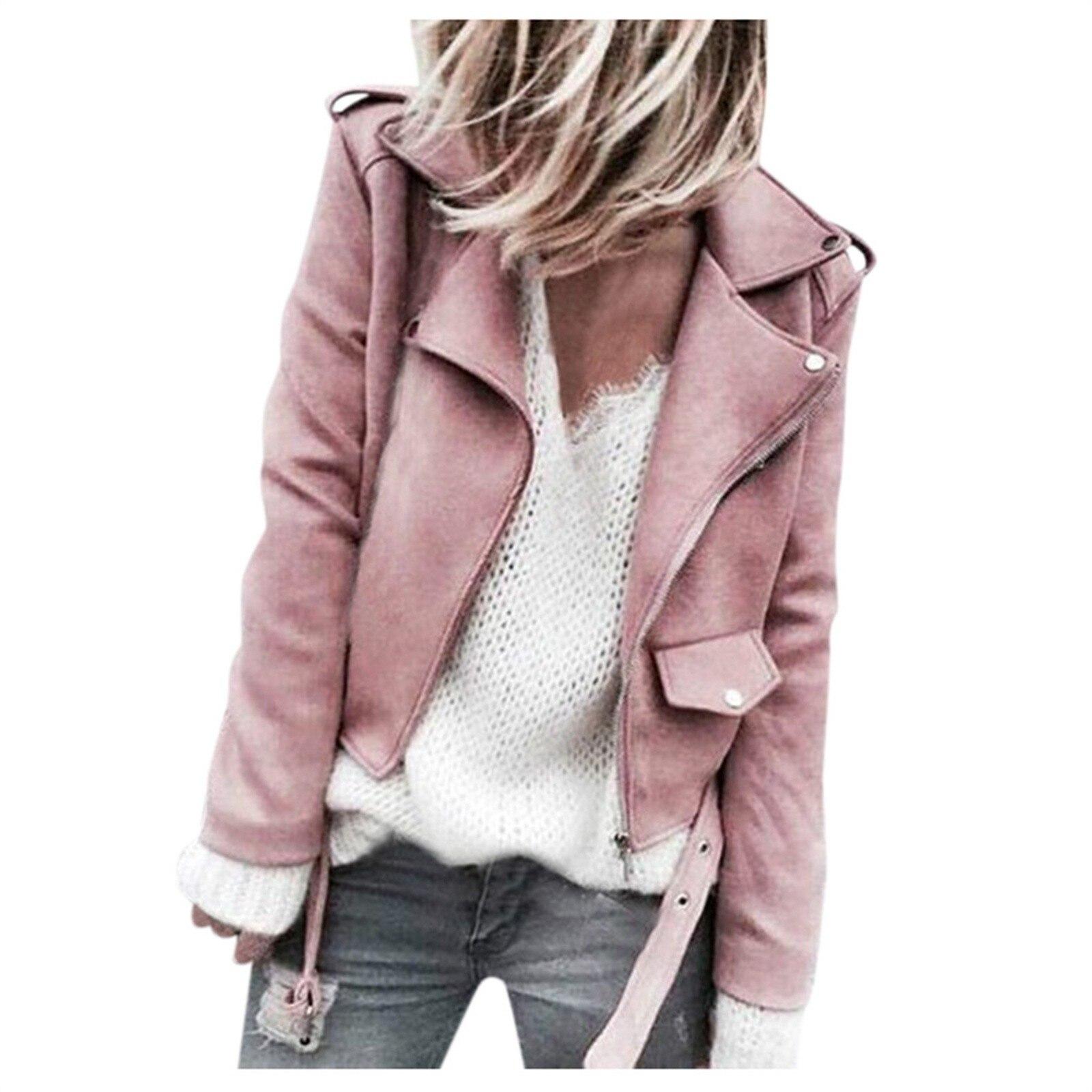

Осенние мотоциклетные кожаные куртки Мотоциклетная велосипедная куртка Женская верхняя одежда из искусственной кожи Пальто Приталенная короткая куртка S розовый