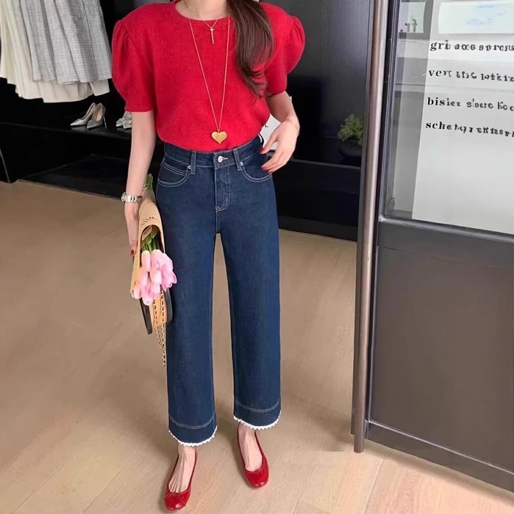 Lace Trim High Waist Petite Straight Leg Jeans for Women - Spring/Summer 2025 Collection