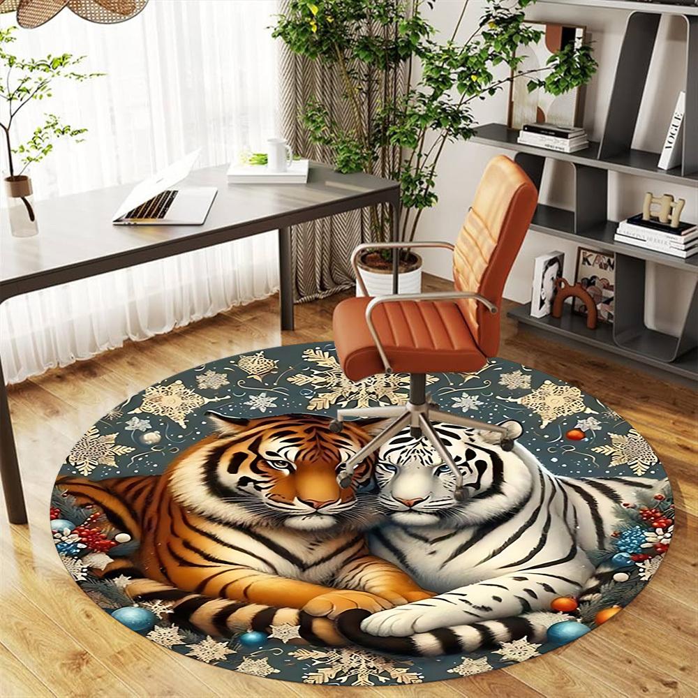 1pc Tiger Snowflake Round Chair mat office Area Rug - Non-Slip, Floor Mat for Office, Bedroom, and Indoor Decor p127010