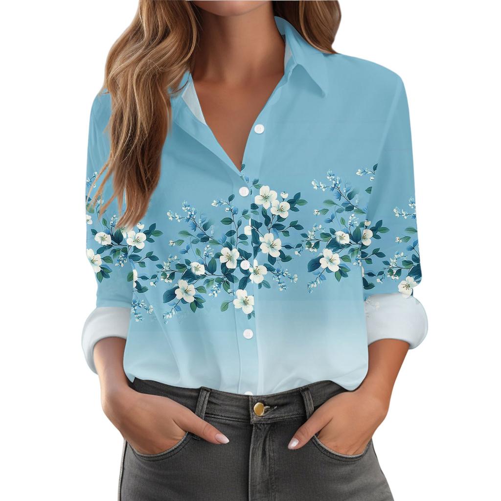 Women's Shirt With Floral Print Buttons, Long Sleeved Casual Regular Shirt Blouses Casual Plus Size Basic Tops