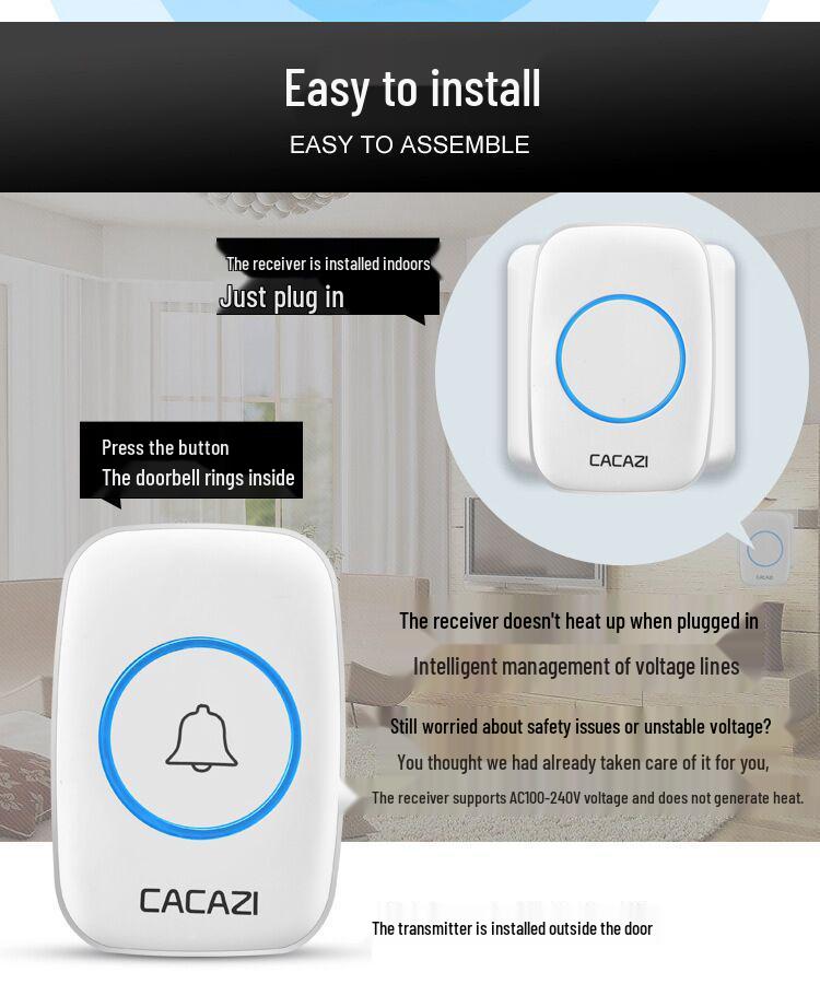 A10 Wireless Long-Range Home Doorbell with Multiple Call Bells and Elderly Pager, Compatible with EU, US, and UK Standards.