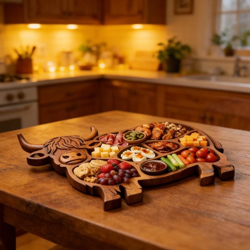 Wood Serving Tray with High Land Cow Design Charcuterie Board Food Platter for Appetizer Presentation Party Use Gift