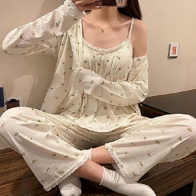 Set pigiama da donna, dolce, per ragazze, con scollo a V, stampa floreale, set da tre pezzi, pigiama carino, casual, preppy, delicato, fiocco