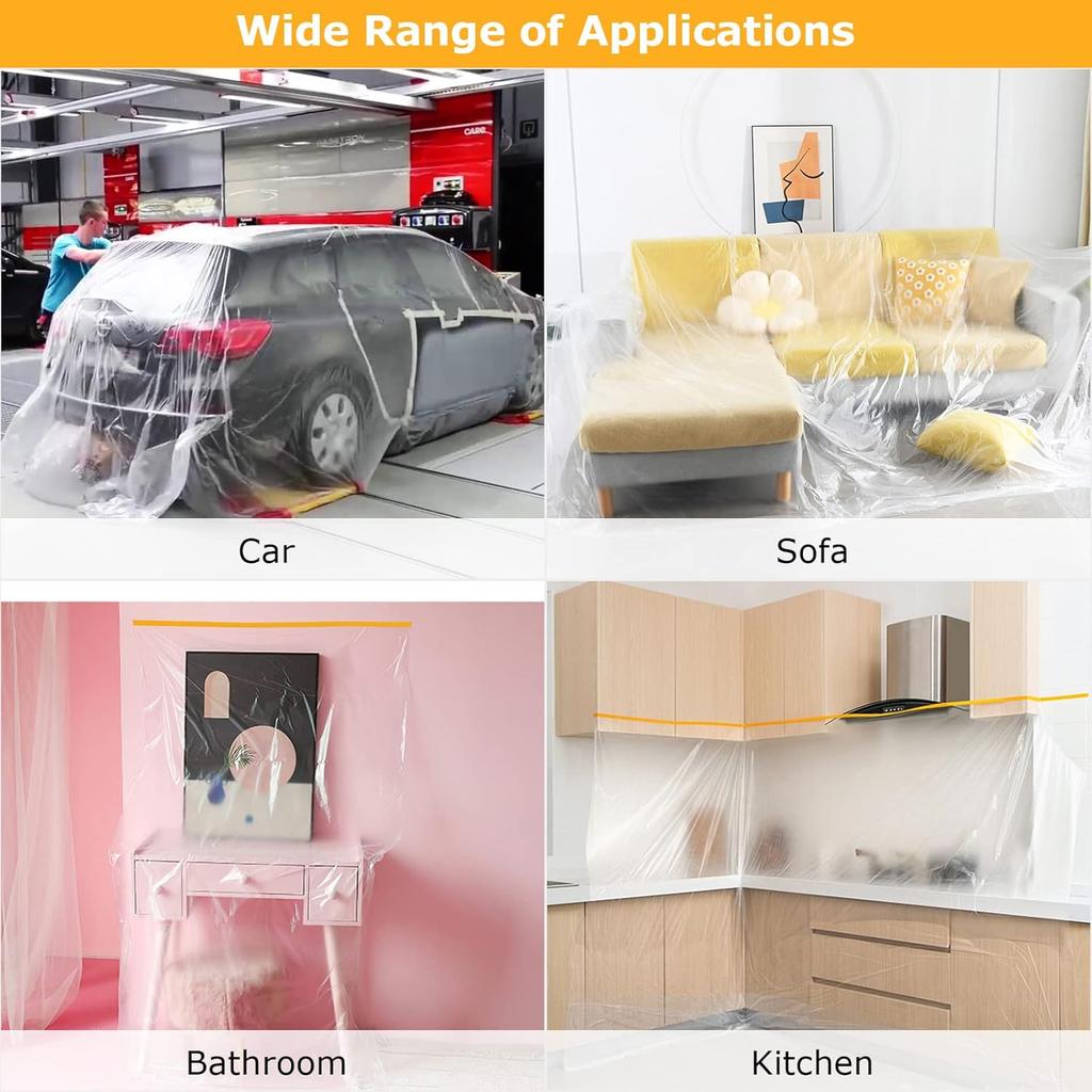 Pre-Taped Masking Film, Clear Plastic Sheeting Plastic Drop Cloths For Painting, Automotive Appliance, Plastic Sheeting Cove