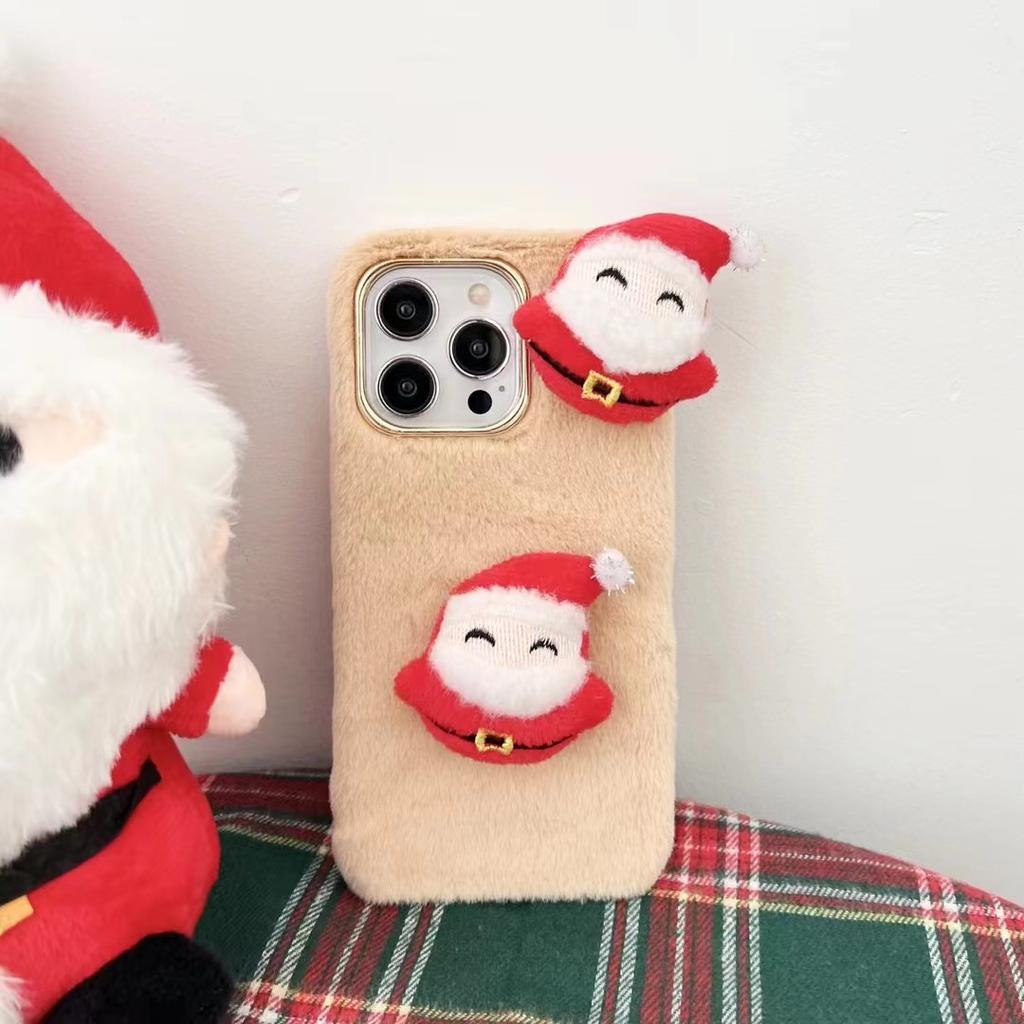 Weihnachtsmann süße Elch Plüsch Handytasche für iPhone 15 14 13 12 11 Pro Max X XR XS Max 7 8 Plus Se 2020 2022 Weihnachten pelzige Silikonhüllen für Samsung/Redmi