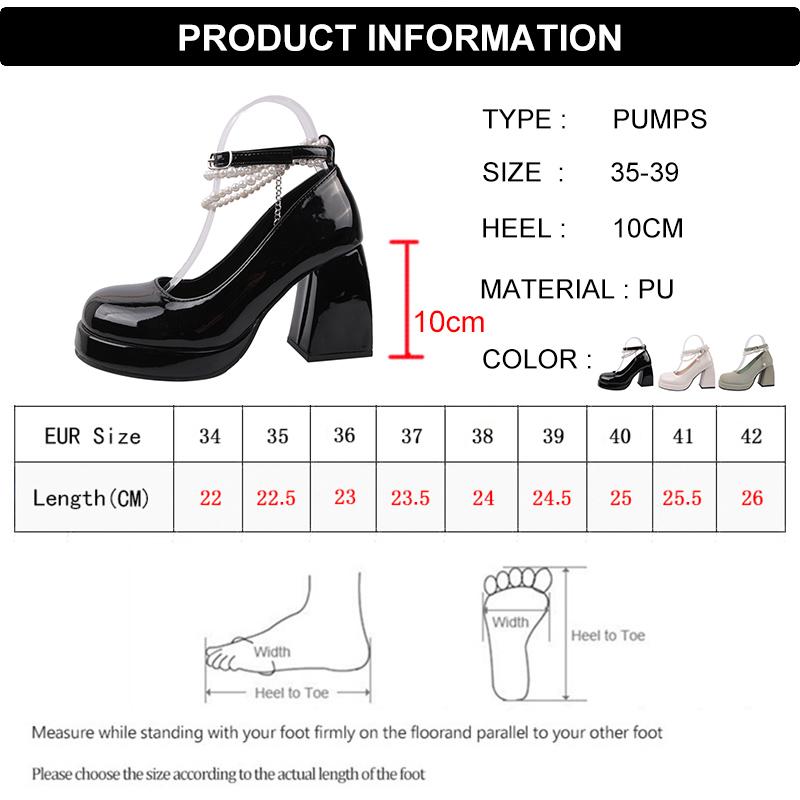 Vintage High Heels Mary Jane Shoes for Women 2024 Patent Leather Platform Pumps Woman Pearls Chain Thick-Heeled Shoes Female