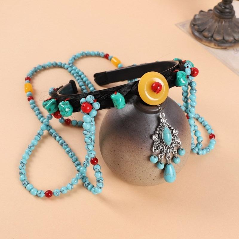 Ethnic Style Headband with Turquoise Forehead Chain Decors Exotic Hair Hoop Women Wedding Party Taking Photo Headband