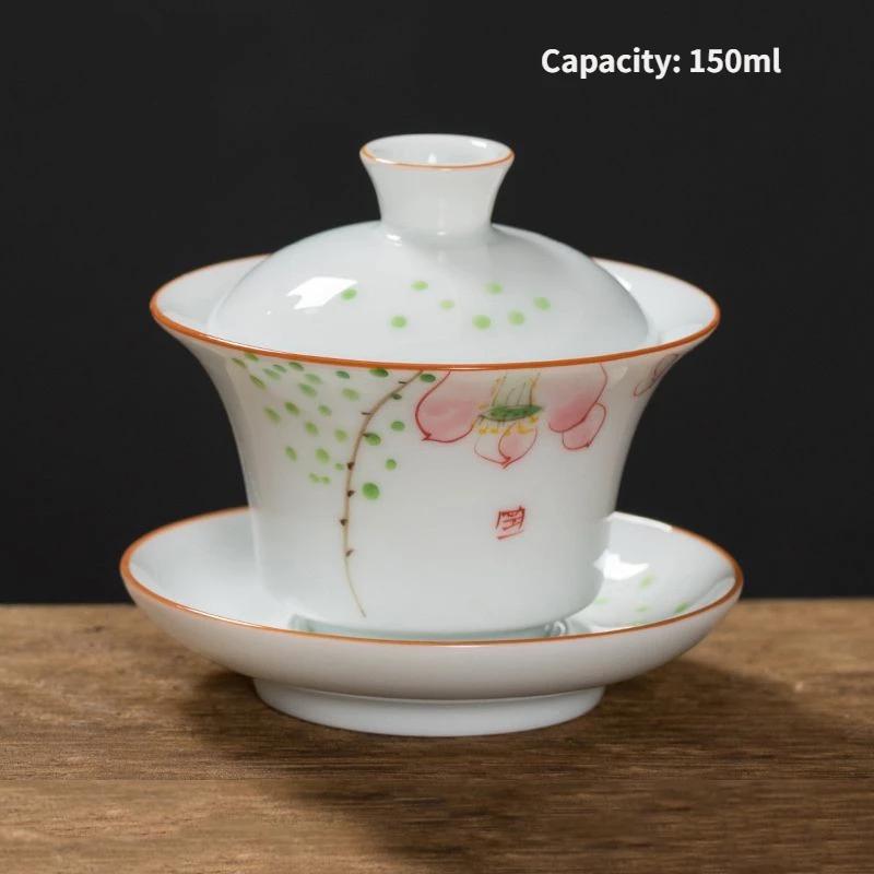 Jingdezhen-Porcelain Tea Set, Ceramic Teacups and Saucers, Handpainted Lotus, Travel, Easy Gaiwan, Porcelain Cup, Tableware