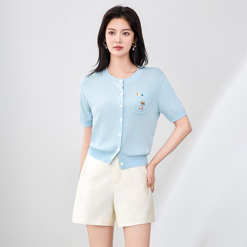 French Fun Little Rabbit Embroidery Knitted Tencel Cardigan - Women's Casual Short Sleeve Top