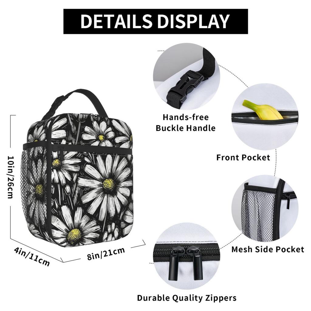 Cartoon Black And White Daisy Pattern Insulated Lunch Bag for Women Kids Portable Food Boxes Thermal Lunch Box Tote