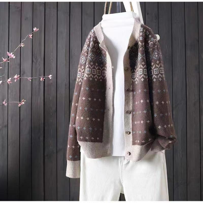 

Кардиган женский вязаный с круглым вырезом, литературный и ретро, с длинным рукавом, темпераментный, повседневный, свободный и тонкий свитер, женское пальто One size кофейный