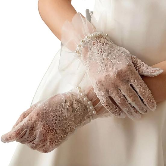 Women Lace Gloves Bridal Gloves with Bow Sheer Tea Party Wrist Gloves for Wedding Prom Cocktail Party