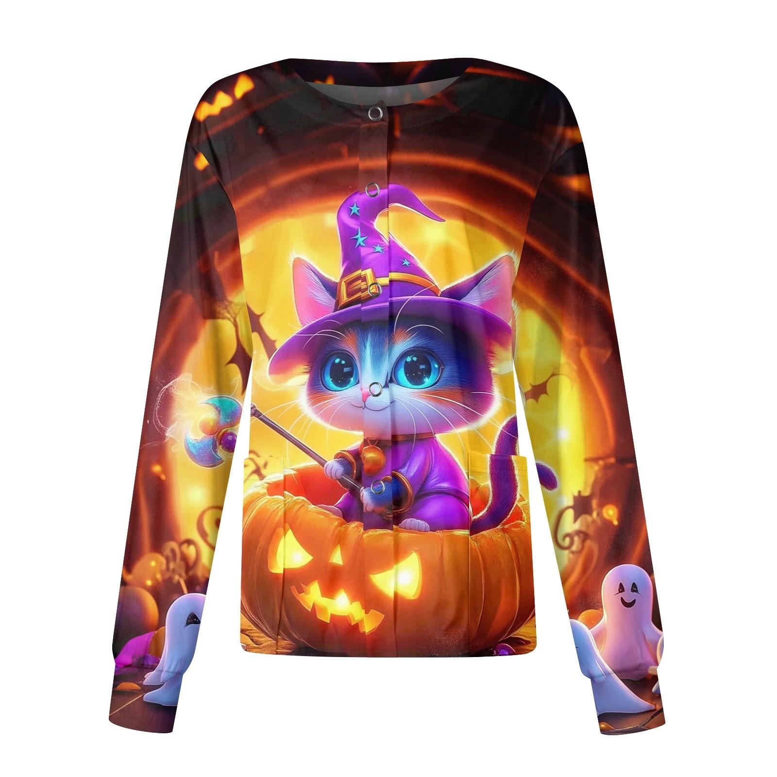 

Women s Halloween Printed Casual Long-sleeved Single-breasted Work Uniform Cardigan Top XXL