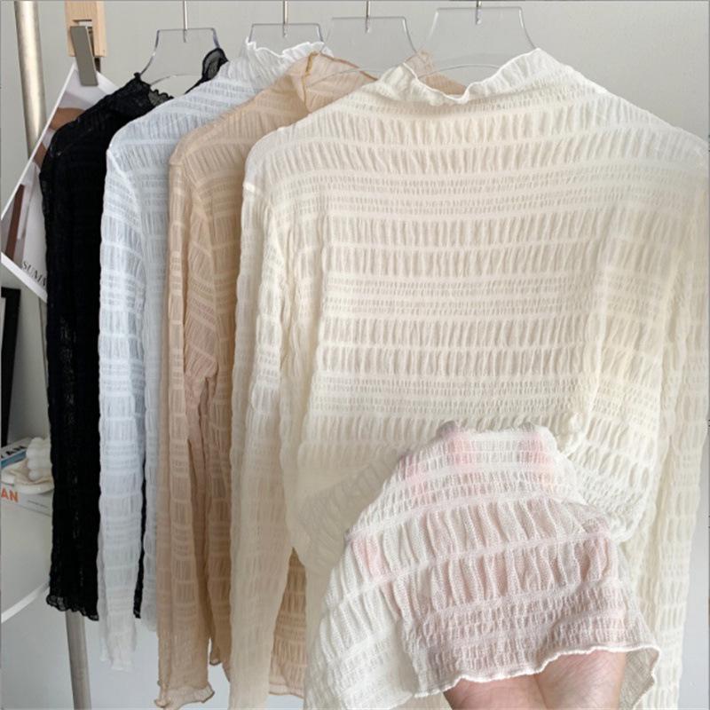 Elegant Lace Base Chiffon Shirt - Women's Autumn High-End Solid Color Top with Semi-High Collar Design