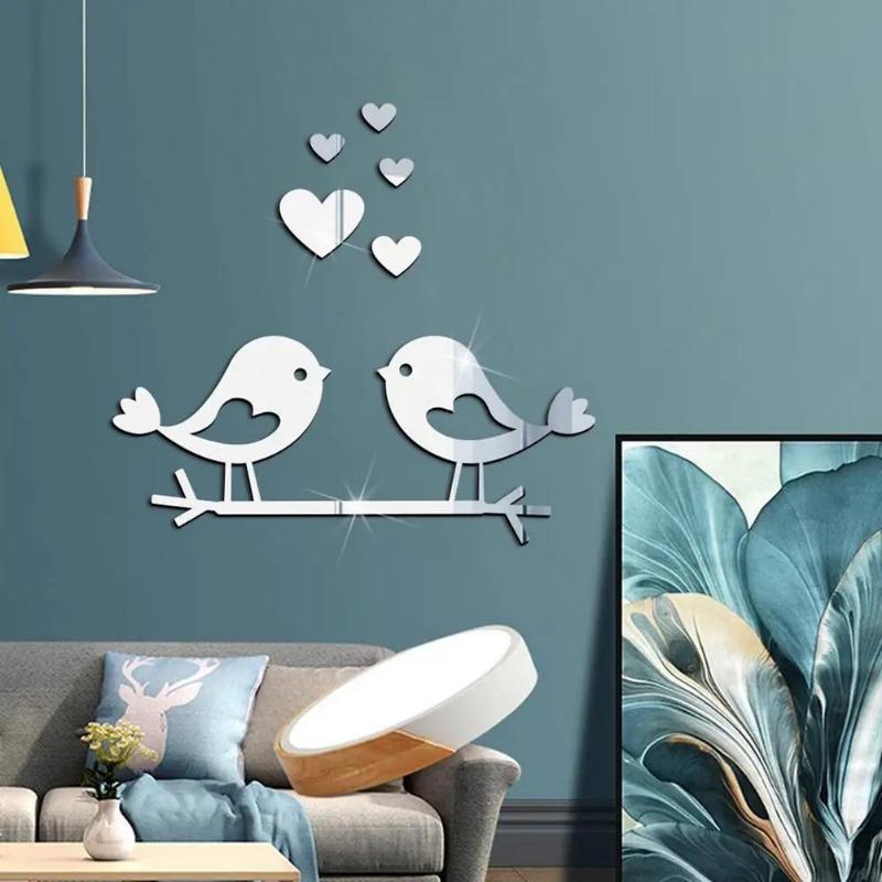 

Акриловые зеркальные наклейки Branch Bird Love, самоклеящиеся, простые в использовании, 3D-настенные декоративные наклейки своими руками, аксессуары для украшения дома чёрный