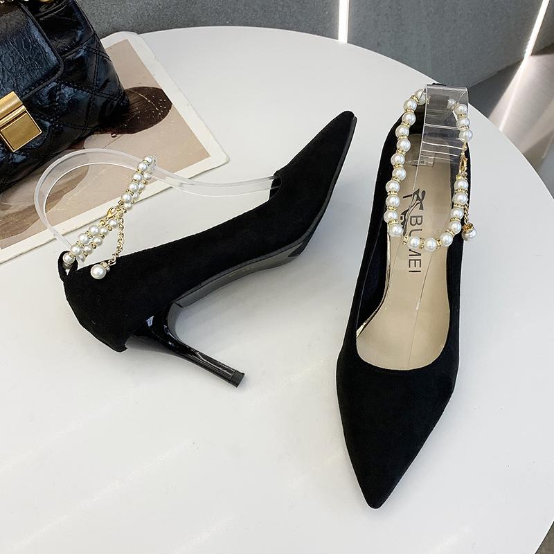 Fashion 2025Size 34-40 Pearls Chain Buckle Wedding Shoes Women Red Heels Bridesmaid Bride High Heels Shoes