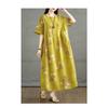 Summer Retro Cotton and Linen Round Neck Short Sleeved Dress, Women's Loose Skirt