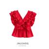 Jnleaog Autumn New Women Clothes Western Style French Style Design Temperament Frill Patchwork V-neck Sexy Top