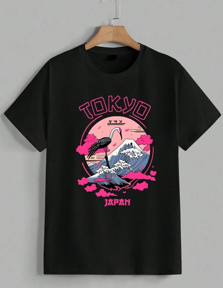 Tokyo Japan T-Shirt Mount Fuji Great Wave Crane Graphic Pink Aesthetic Unisex L