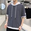 IELGY Halbärmeliges Hemd, gestreift, kurzärmeliges T-Shirt mit Kapuze, lässig, trendig, Kontrastfarbe, lockerer Stoff-Patch für Herren