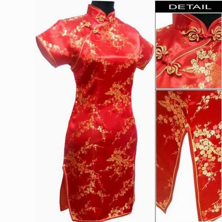 Raffinato Floreale Donna Mini Qipao Elegante Nero Collo Mandarino Cheongsam Sexy Spacco Alto Slim Abito Cinese