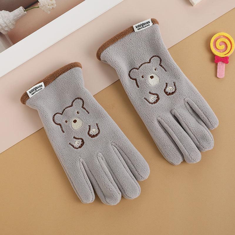 Gants pour enfants hommes et femmes ours de dessin animé brodés automne et hiver extérieur équitation patin à roulettes velours coupe-vent gants chauds