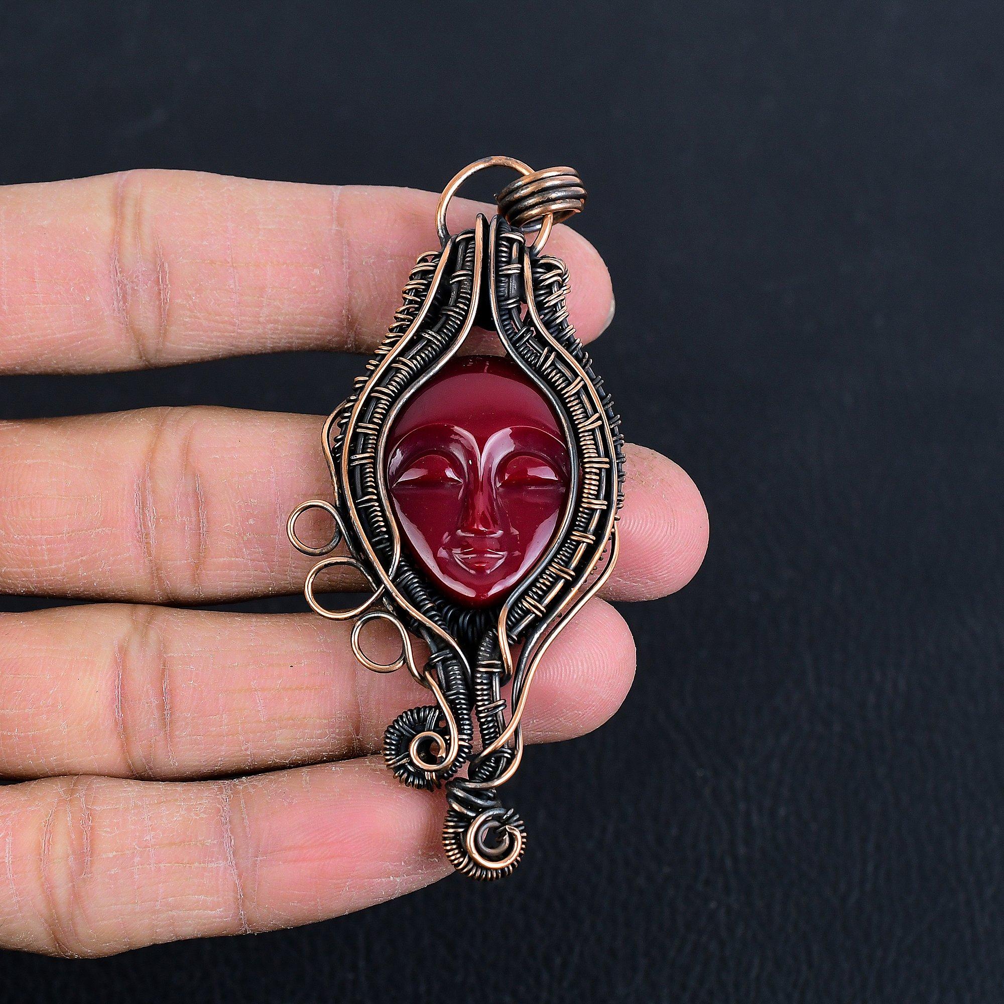 

Кулон Женское лицо из красного коралла ручной работы, обернутый медной проволокой 999 пробы, антикварное украшение, для подарка на помолвку