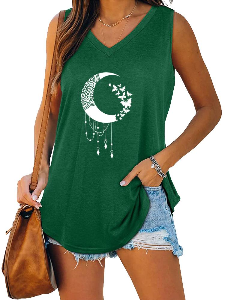 Women Fashion V Neck Printed Sleeveless Top Summer Casual Pullover Loose Tank Top