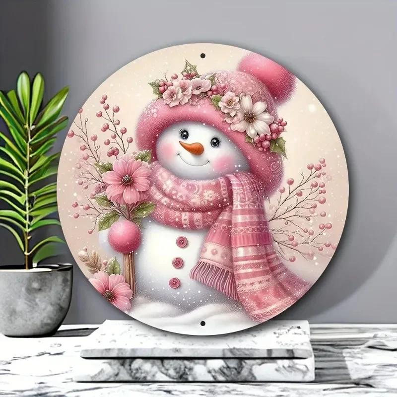 Pink Christmas Snowman Door Sign Front Door Decor Wall Hanging Decoration Xmas Wood Door Hanger