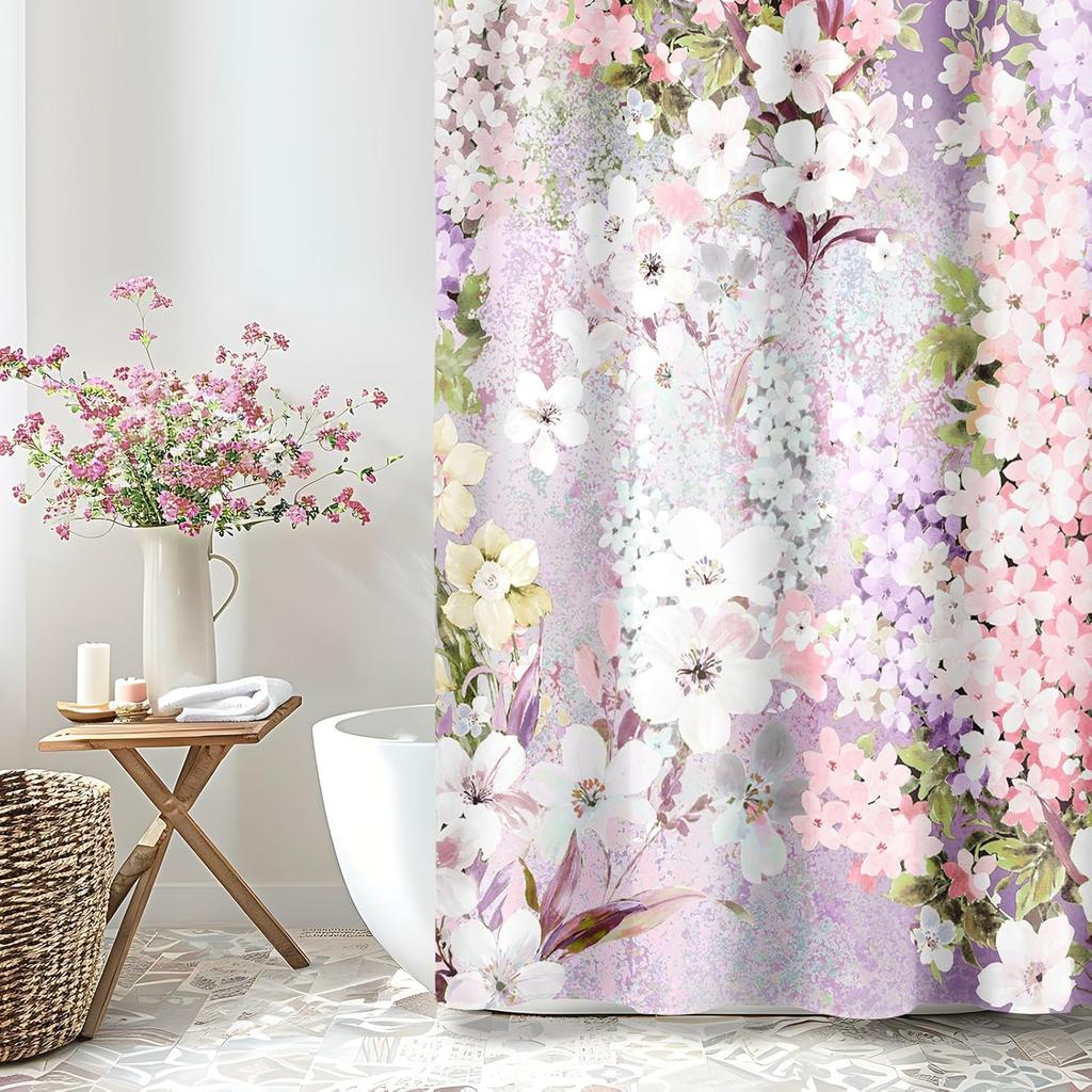 Fioletowa urocza kwiatowa zasłona prysznicowa kolor różowy kwiat tkanina łazienkowa zasłona prysznicowa, akwarelowa materiałowa zasłona prysznicowa