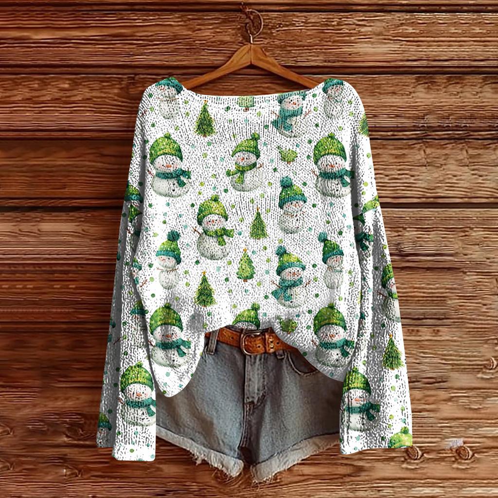 Women's Christmas Print Lightweight Sweater Casual Long Sleeve Knitted Pullover