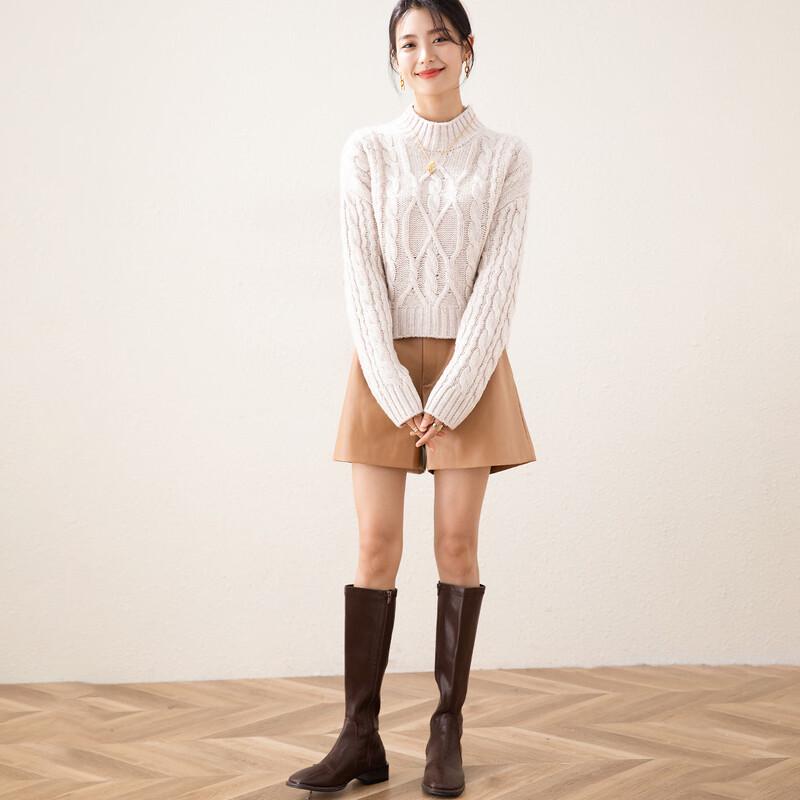 Women's Thickened Pure Wool Cable Knit Semi-High Neck Sweater