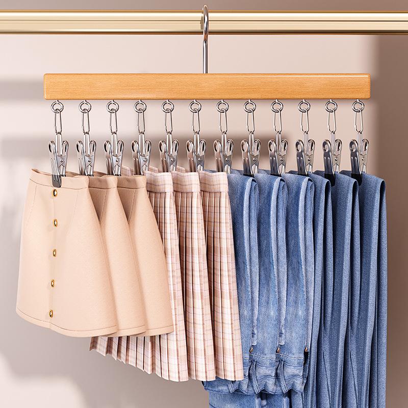 Solid Wood Stainless Steel Pants Clip Seamless Belt Clip Dormitory Wardrobe Skirt Scarf Pants Home Hanger Storage Artifact