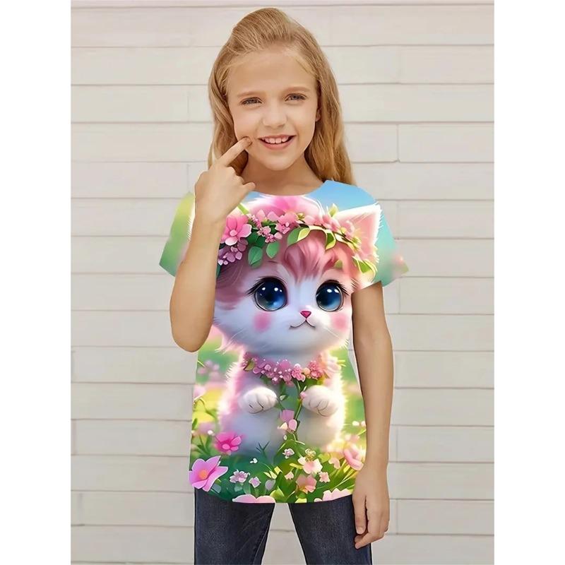 Summer Round Neck 3D Cat Pattern Printed Top Fashionable and Casual Short Sleeved Children's Girl T-shirts