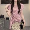 Women's Korean Fashion Lace Up Asymmetrical Designer Blouse Office Lady Luxury Elegant Shirt Short Sleeve Solid Slim Tops Blusas