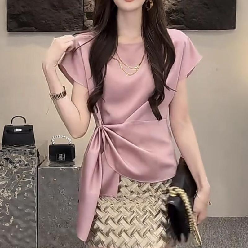 Women's Korean Fashion Lace Up Asymmetrical Designer Blouse Office Lady Luxury Elegant Shirt Short Sleeve Solid Slim Tops Blusas