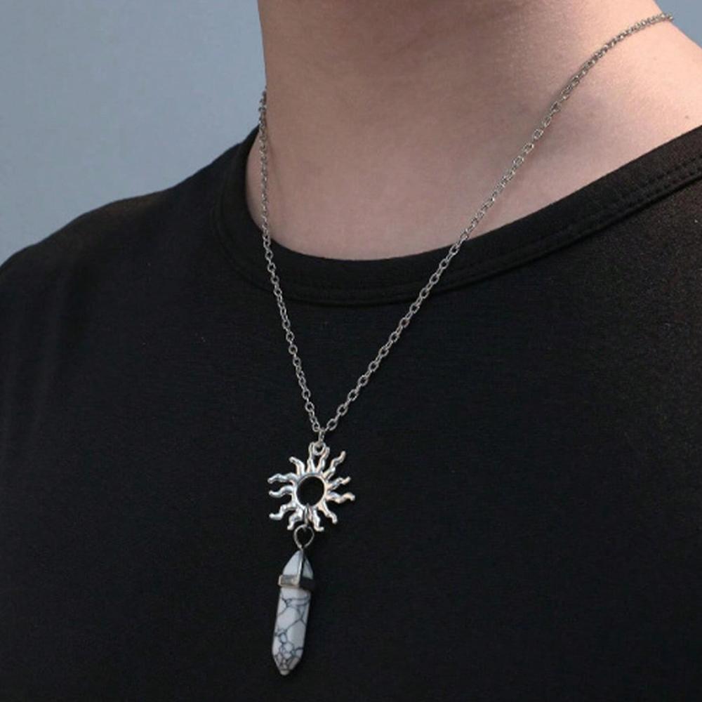 Piece Retro Sun Moon Couple Necklace Set with Hexagonal Crystal Pendant