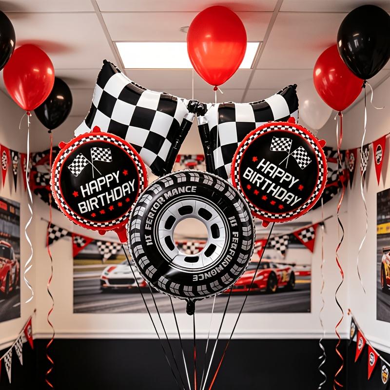 5pcs Racing-themed Balloon Set Including Racing Flag Tire and Red/black Foil Birthday Balloons Birthday Party Decorations