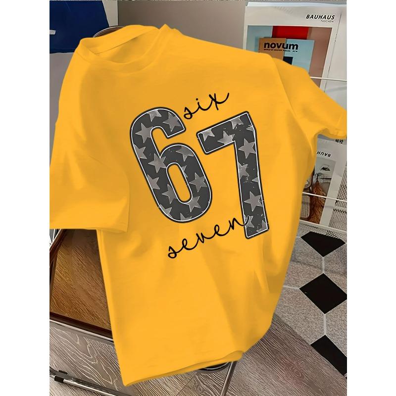 European sizes Number 67 Print T-Shirt Summer Short Sleeve Round Neck Casual Top with Number 67 Design Breathable Comfortable Regular