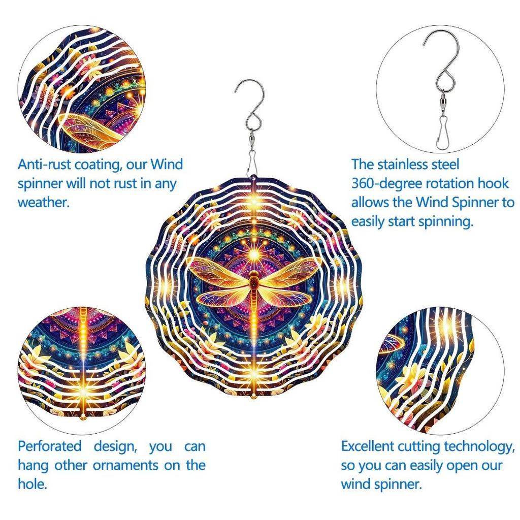 Bohemian Mandala Dragonfly Wind Spinner - 2D Stainless Steel Garden Art, Handcrafted Floral Metal