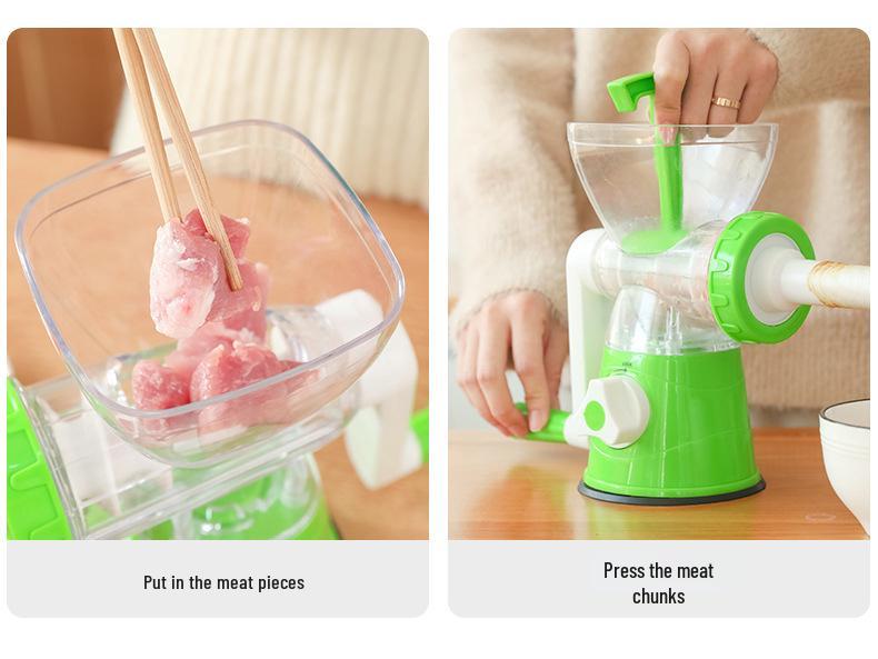 Manual Kitchen Tool: Hand-Cranked Meat Grinder, Vegetable Cutter, Sausage Stuffer, and Garlic Press.