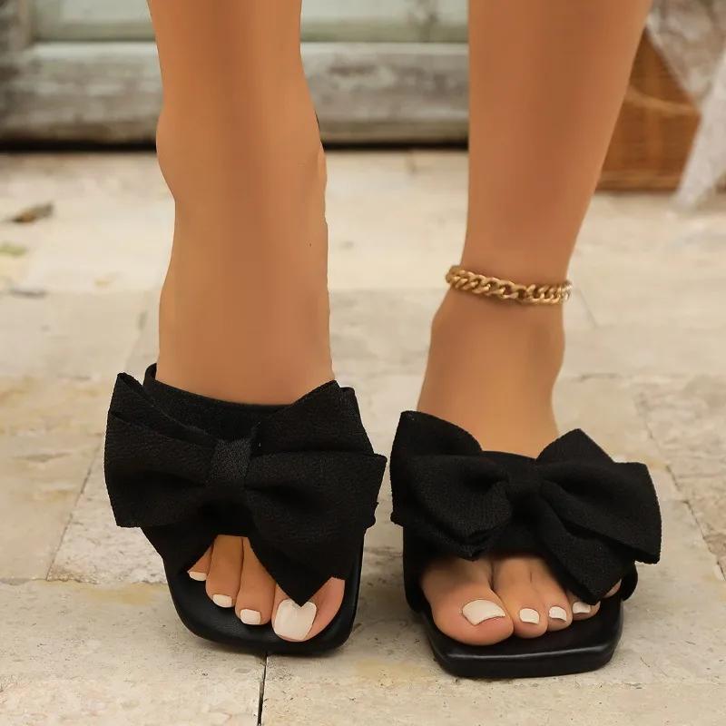 2025 Summer Women’s Casual Slippers Bow Tie Outdoor Square Toe Classics Flat with Hot Sale Sandals for Plus Size Daily Slippers