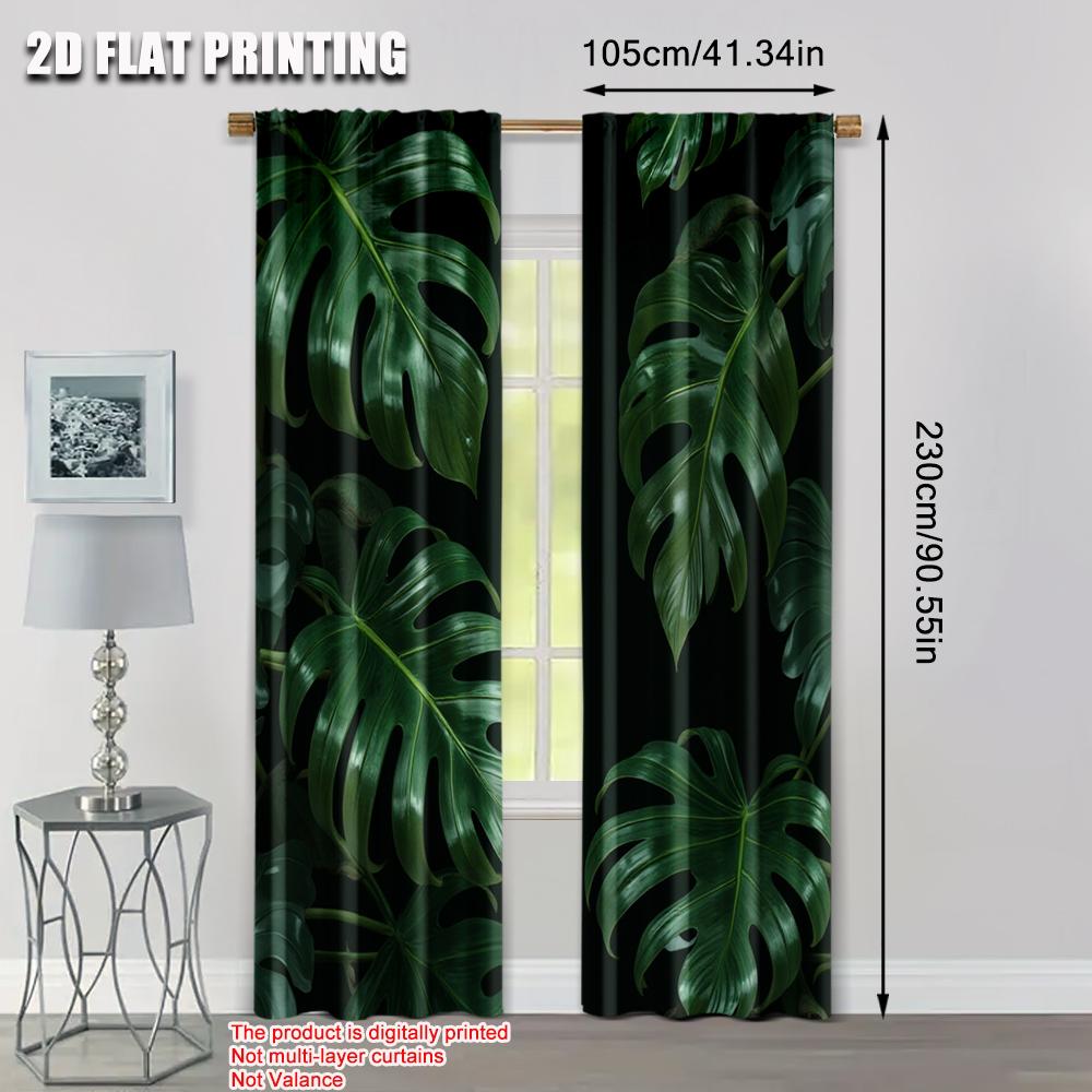 Set Of 2 Flat Printing Party Window Curtains Tropical Green Palm Leaf Versatile Polyester Without Electricity Festive Wall Curtain