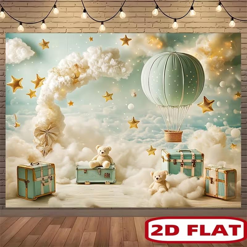 2D Mint Green Hot Air Balloon Backdrop Teddy Bear Photography Background
