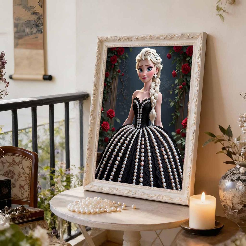 Disney Pearl Painting Princess Elsa Black Dress Rose Creative Art Exquisite Landscape Sparkling Painting Craft Home Wall Decoration DIY Handmade Gift