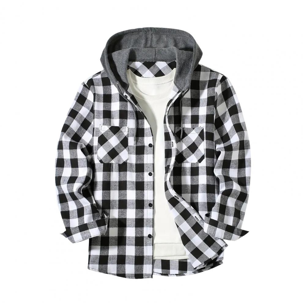 Fall Spring Men Shirt Hooded Drawstring Long Sleeves Color Matching Plaid Print Single-breasted Daily Wear School Home Shirt Coa
