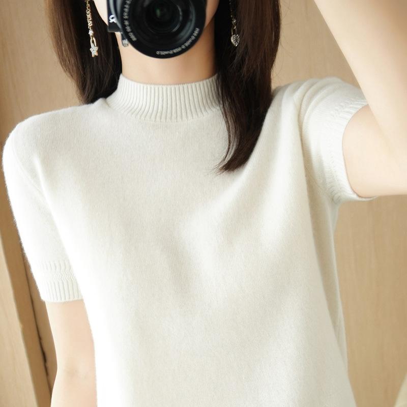 Svetr s polovičním rolákem Vícebarevný Krátký rukáv Letní Nový Volný Módní a Všestranný Jednobarevný Temperament Vnitřní Top